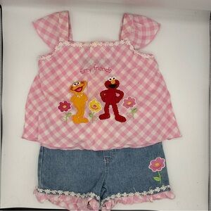 Y2K VTG 2006 Sesame Street Toddler Top 4T & Shorts 2T Set Elmo & Zoe Floral EUC